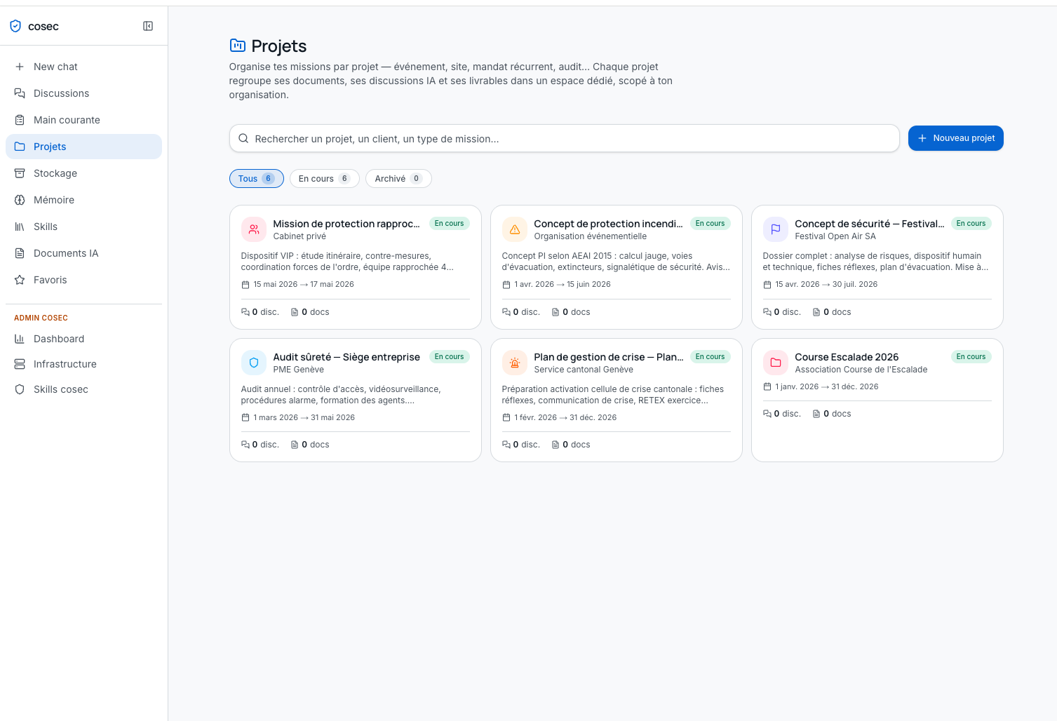 Projets CoSec : 6 cards de missions actives sur 6 segments métier différents avec couleurs et icônes distinctes